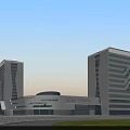 Modern Office Building Featuring Glass Curtain Wall Geometric Patterns Green Lawn And Front Parking