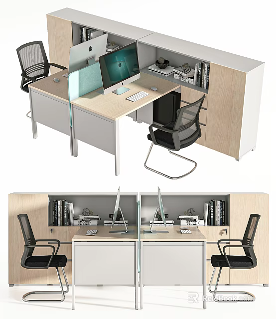 Modern Office Desk Setup With Computer Monitors Office Chairs And Bookshelf 3d model