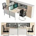 Modern Office Desk Setup With Computer Monitors Office Chairs And Bookshelf 3d model