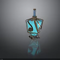 Blue Glass Decorative Bottle With Gold Accents And Geometric Pattern Design