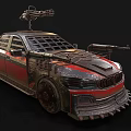 Armored Military Vehicle With Red Black Paint Mounted Machine Guns And Protective Grille