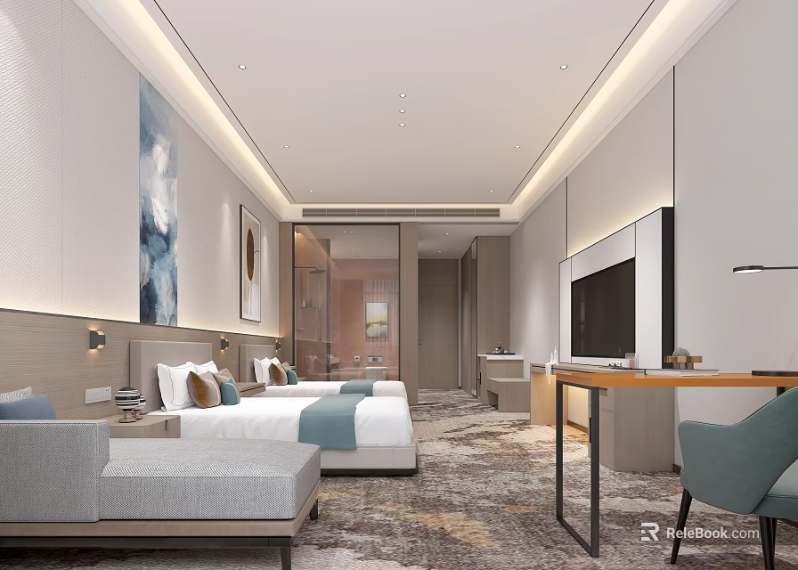 Modern Hotel Room Interior Design With Twin Beds Sofa TV Artwork And Rug 3d model 