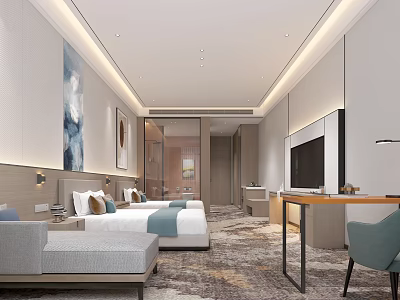 Modern Hotel Room Interior Design With Twin Beds Sofa TV Artwork And Rug 3d model