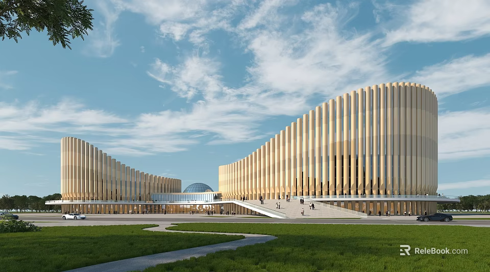 Modern Cultural Center Building With Curved Wooden Facade Green Lawn And Blue Sky 3d model 