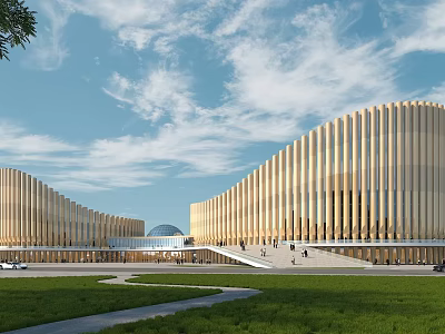 Modern Cultural Center Building With Curved Wooden Facade Green Lawn And Blue Sky 3d model