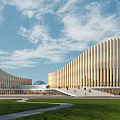 Modern Cultural Center Building With Curved Wooden Facade Green Lawn And Blue Sky