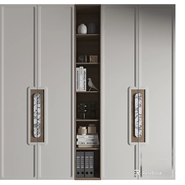 Elegant Modern Bookcase With Open Shelves Books Decorative Items And Marble Handles 3d model 
