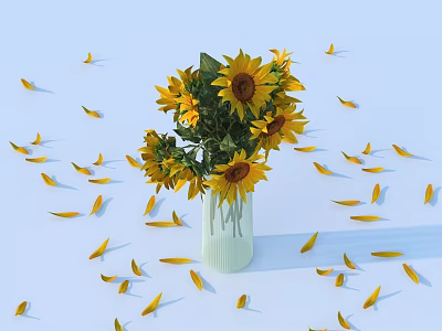 White Vase with Yellow Sunflowers and Scattered Petals on White Background 3d model