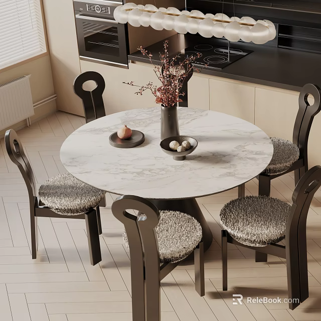 Round Marble Dining Table Set with Four Chairs Black Frames Fuzzy Cushions and Decorative Vase 3d model 
