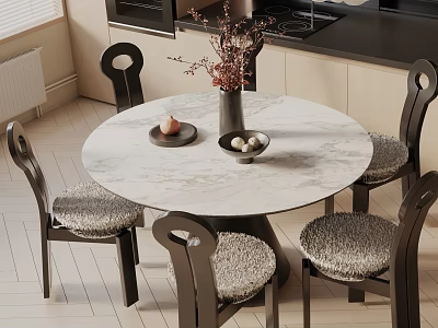 Round Marble Dining Table Set with Four Chairs Black Frames Fuzzy Cushions and Decorative Vase 3d model