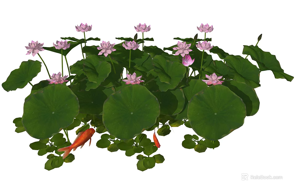 Aquatic Plants With Pink Lotus Flowers Green Lily Pads And Goldfish 3d model 