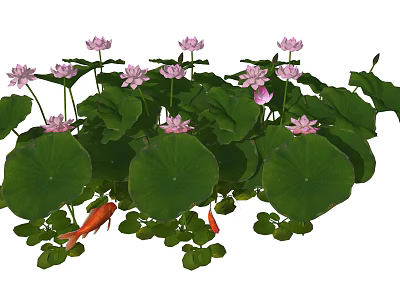 Aquatic Plants With Pink Lotus Flowers Green Lily Pads And Goldfish 3d model