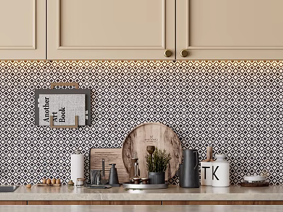 Well Designed Kitchen Counter With Various Kitchenware And Tile Backsplash 3d model
