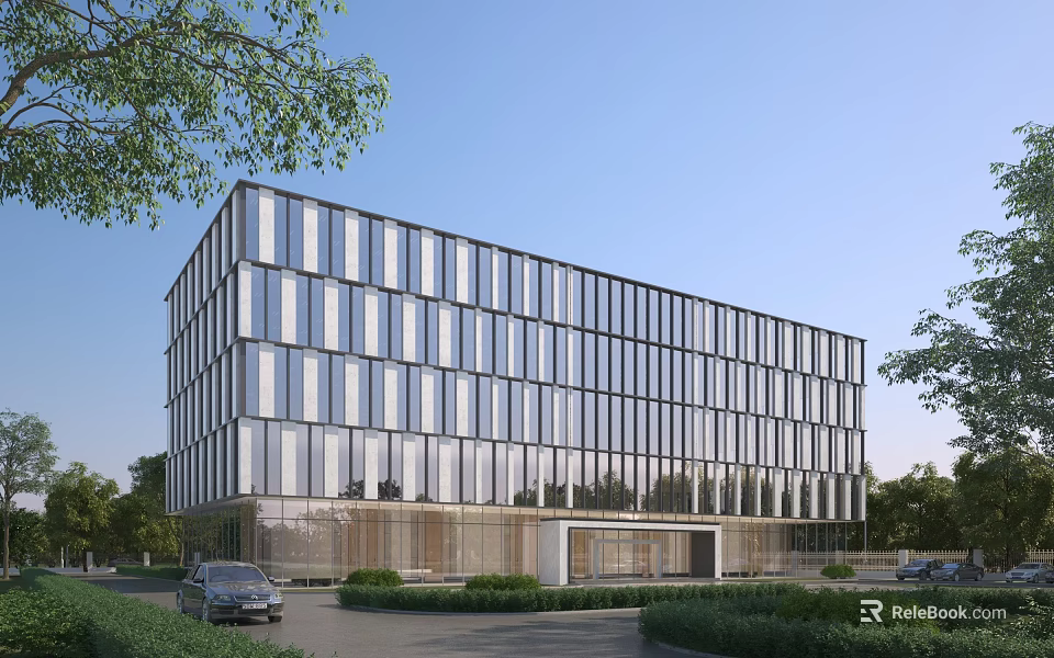 Modern Office Building With Glass Curtain Walls Landscaped Surroundings And Entrance Driveway 3d model 