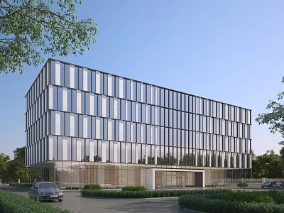 Modern Office Building With Glass Curtain Walls Landscaped Surroundings And Entrance Driveway 3d model