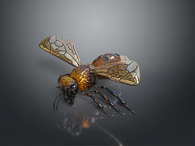 Close Up View Of Bee With Transparent Wings Metallic Orange Black Body On Dark Background 3d model