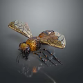 Close Up View Of Bee With Transparent Wings Metallic Orange Black Body On Dark Background