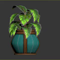 Cartoon Scene With Lush Green Plant In Blue Pot Featuring Brown Decorative Accents