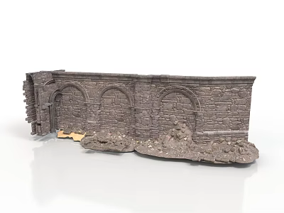 Modern Ruined Stone Wall Model With Arched Design And Scattered Debris 3d model