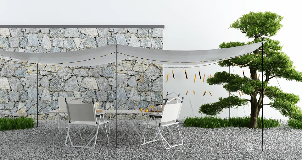 Outdoor Table With White Chairs Under Gray Canopy Decorated With String Lights Against Stone Wall 3d model
