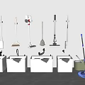 Wall Mounted Cleaning Tools With White Sinks And Mop Broom Vacuum Setup 3d model