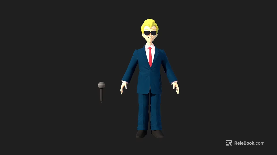 Blonde Haired Game Movie Character In Blue Suit With Red Tie And Microphone 3d model 