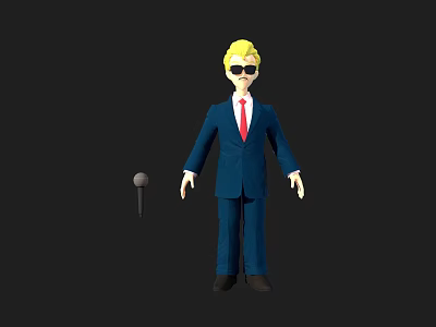 Blonde Haired Game Movie Character In Blue Suit With Red Tie And Microphone 3d model