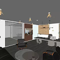 Modern Office Interior With Sofa Desk Chairs Glass Partitions And Hanging Lights