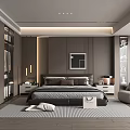 Modern Minimalist Bedroom Interior With Dark Bedhead Pillows Striped Rug And Window Blinds