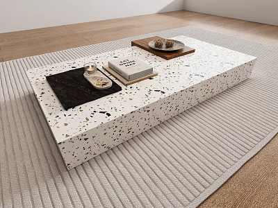 Modern Terrazzo Coffee Table On Light Ribbed Rug With Wooden Tray Book And Decorative Items 3d model