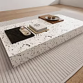 Modern Terrazzo Coffee Table On Light Ribbed Rug With Wooden Tray Book And Decorative Items