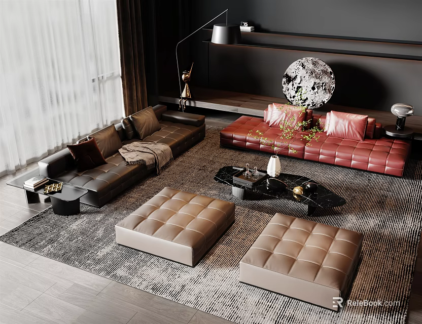 Stylish Modern Sofa and Coffee Table Set Featuring Dark Red Beige Ottomans on Patterned Rug 3d model 