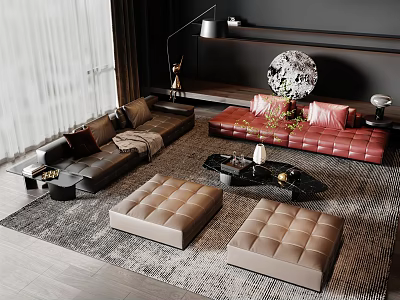 Stylish Modern Sofa and Coffee Table Set Featuring Dark Red Beige Ottomans on Patterned Rug 3d model