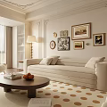 Modern Living Room Interior With White Sofa Round Coffee Table Floor Lamp And Decorative Paintings