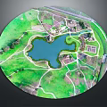 Modern Park Landscape Design With Lake Green Space Paths And Buildings