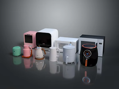 Essential Colorful Modern Kitchen Appliances Showcase Kettle Toaster Microwave And Air Fryer 3d model