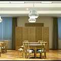Elegant Hotel Mahjong Room With Bright Ceiling Lights Wooden Floors And Tables