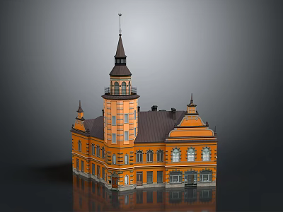 Orange Classical Building With Spire Tower Dark Roof And Multiple Windows 3d model
