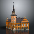 Orange Classical Building With Spire Tower Dark Roof And Multiple Windows 3d model