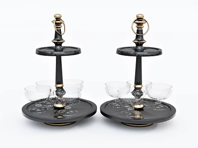 Elegant Black Wine Cabinet With Gold Accents Tiered Trays And Transparent Glass Cups 3d model