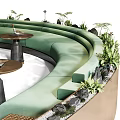 Modern Curved Green Public Chairs With Small Tables And Plants In Outdoor Area