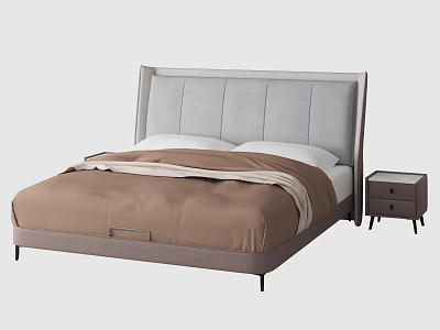 Modern Double Bed With Gray Headboard Brown Bedspread And Nightstand 3d model