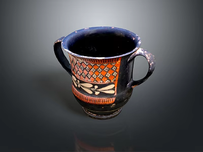 Two Handled Decorative Cup With Dark Blue Orange Geometric Patterns And Floral Decorations 3d model