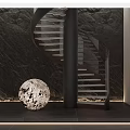 Sleek Modern Spiral Staircase Interior With Dark Stone Wall Black Tiled Floor And Spherical Decor