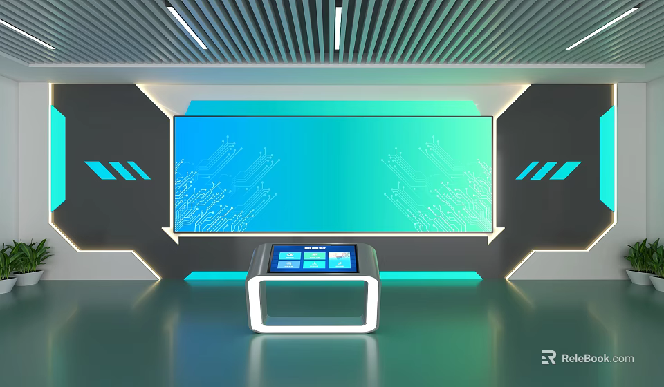 Futuristic Tech Scene Featuring Teal Large Screen With Circuit Board Patterns And Touchscreen Console 3d model 