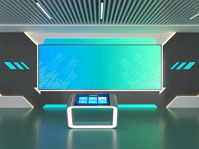 Futuristic Tech Scene Featuring Teal Large Screen With Circuit Board Patterns And Touchscreen Console 3d model