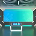 Futuristic Tech Scene Featuring Teal Large Screen With Circuit Board Patterns And Touchscreen Console 3d model
