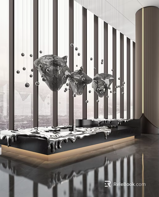 Hanging Carved Animal Head Sculptures In Modern Interior With Metallic Spheres And Marble Counter 3d model 
