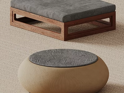 Modern Wooden Coffee Table With Gray Cushion And Beige Round Textured Surface 3d model