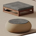 Modern Wooden Coffee Table With Gray Cushion And Beige Round Textured Surface